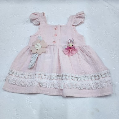 Aquababy Pink Muslin Cotton Baby Girl Dress – Bunny Floral Appliqué Sundress (3–6 Months)