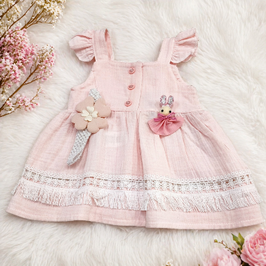 Aquababy Pink Muslin Cotton Baby Girl Dress – Bunny Floral Appliqué Sundress (3–6 Months)