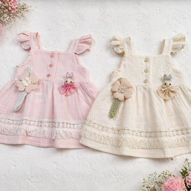 Aquababy Pink Muslin Cotton Baby Girl Dress – Bunny Floral Appliqué Sundress (3–6 Months)