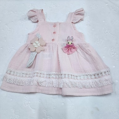 Aquababy Pink Muslin Cotton Baby Girl Dress – Bunny Floral Appliqué Sundress (3–6 Months)