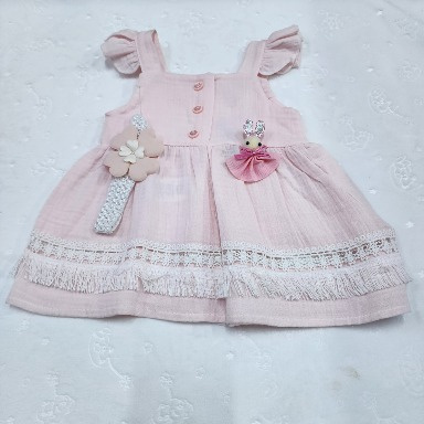 Aquababy Pink Muslin Cotton Baby Girl Dress – Bunny Floral Appliqué Sundress (3–6 Months)
