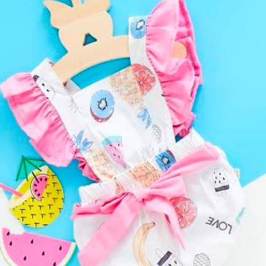 Aquababy Baby Girl Fruit Print Romper with Pink Ruffle Sleeves & Bow (3–6M, 12–18M)