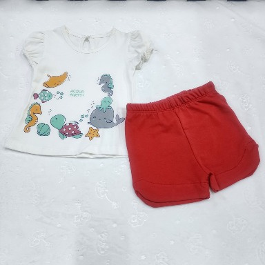 Aquababy Marine Life Kids Outfit Set – White T-Shirt & Red Shorts (3–6M, 12–18M)