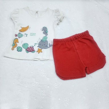 Aquababy Marine Life Kids Outfit Set – White T-Shirt & Red Shorts (3–6M, 12–18M)