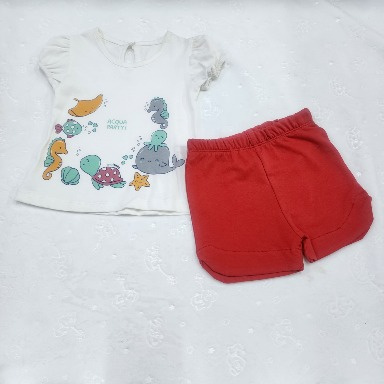 Aquababy Marine Life Kids Outfit Set – White T-Shirt & Red Shorts (3–6M, 12–18M)