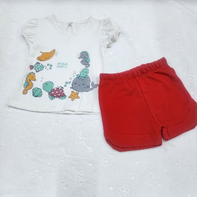 Aquababy Marine Life Kids Outfit Set – White T-Shirt & Red Shorts (3–6M, 12–18M)