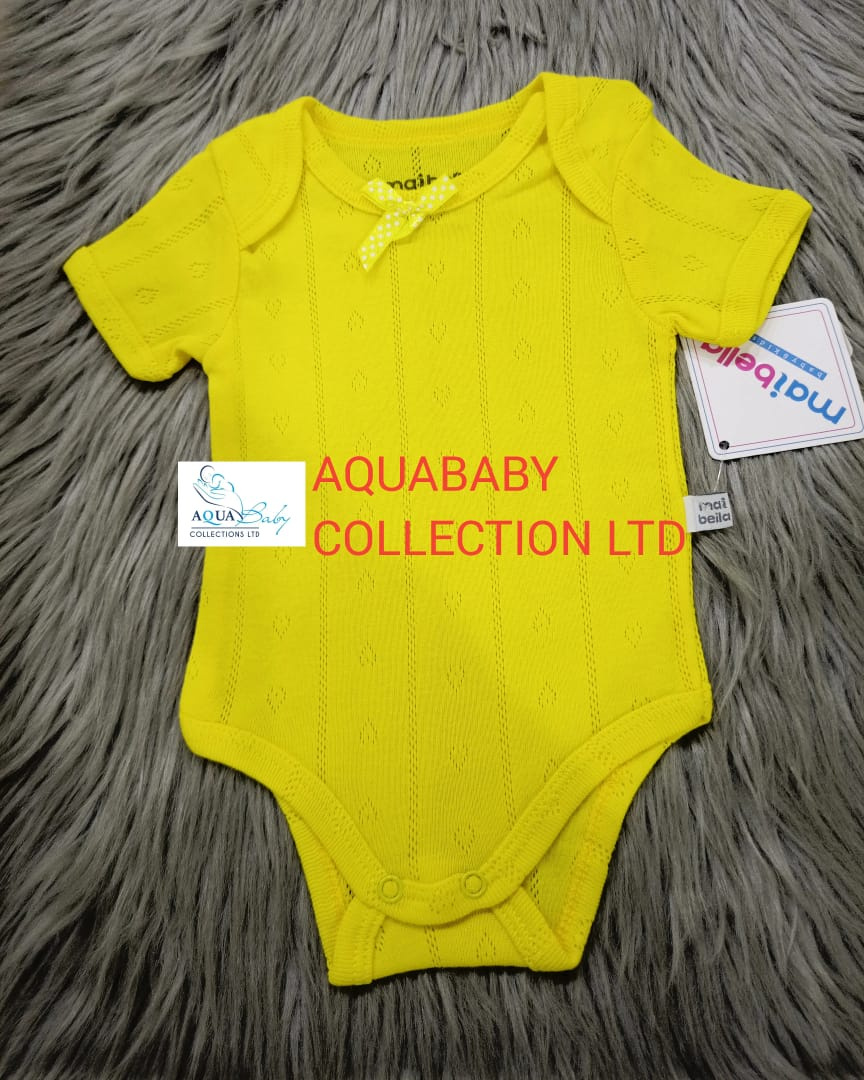 Yellow Pointelle Baby Bodysuit Short Sleeve | Cotton Onesie 3–6M | Maibella