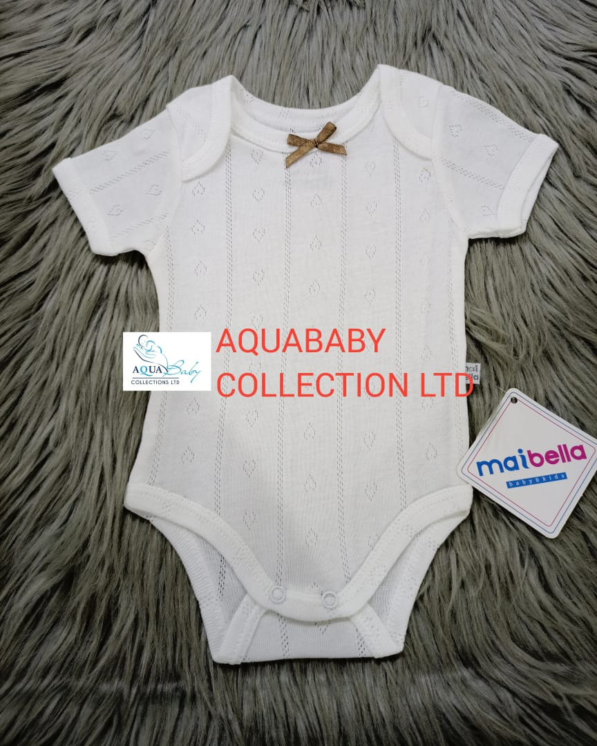 White Pointelle Baby Bodysuit Short Sleeve | Cotton Onesie 6–9M | Maibella