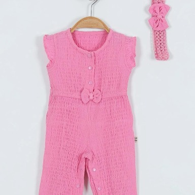 Pink Muslin Baby Jumpsuit Set with Headwrap – Soft Flutter Sleeve Outfit (9–12 Months)