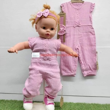 Pink Muslin Baby Jumpsuit Set with Headwrap – Soft Flutter Sleeve Outfit (9–12 Months)