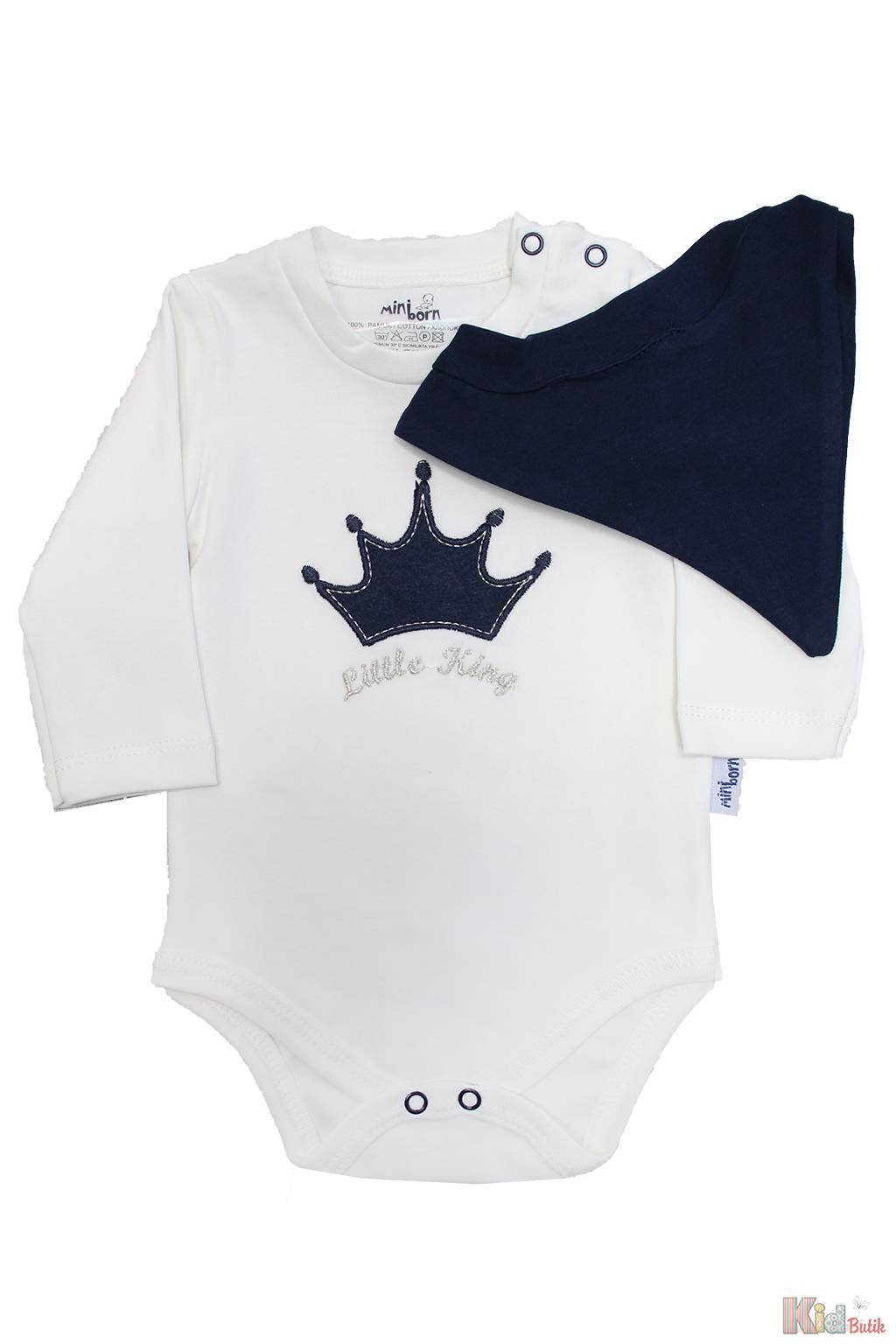White Long Sleeve Baby Bodysuit Set | “Little King” Crown Print with Bib | 6–12 Months | Miniborn