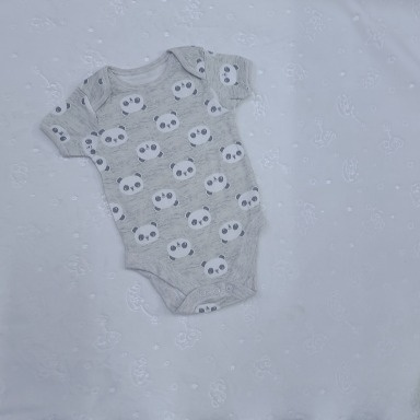 Grey Panda Baby Bodysuit Cotton Short Sleeve. Available in 3–6M, 9–12M, and 12–18M.