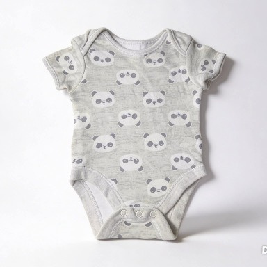 Grey Panda Baby Bodysuit Cotton Short Sleeve. Available in 3–6M, 9–12M, and 12–18M.