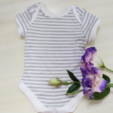 Grey White Striped Baby Bodysuit Short Sleeve Cotton (9–12M)