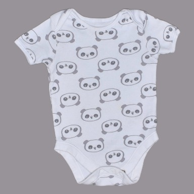 White Panda Baby Bodysuit Cotton Onesie. Available in 3–6M and 12–18M.