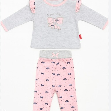 Cocopoco Bow Detailed Baby Girl 2-Piece Set – Gray Top & Pink Pants (0–12 Months)