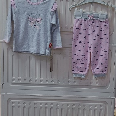 Cocopoco Bow Detailed Baby Girl 2-Piece Set – Gray Top & Pink Pants (0–12 Months)