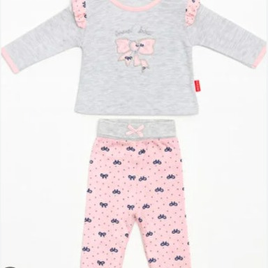 Cocopoco Bow Detailed Baby Girl 2-Piece Set – Gray Top & Pink Pants (0–12 Months)