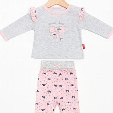 Cocopoco Bow Detailed Baby Girl 2-Piece Set – Gray Top & Pink Pants (0–12 Months)