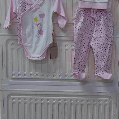 Cocopoco Baby Girl 3-Piece Bunny Cotton Set – Pink/Peach & White (3–6 Months)
