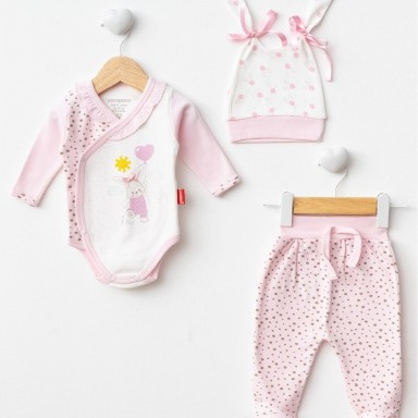 Cocopoco Baby Girl 3-Piece Bunny Cotton Set – Pink/Peach & White (3–6 Months)