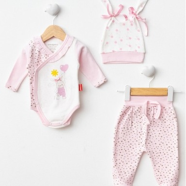 Cocopoco Baby Girl 3-Piece Bunny Cotton Set – Pink/Peach & White (3–6 Months)