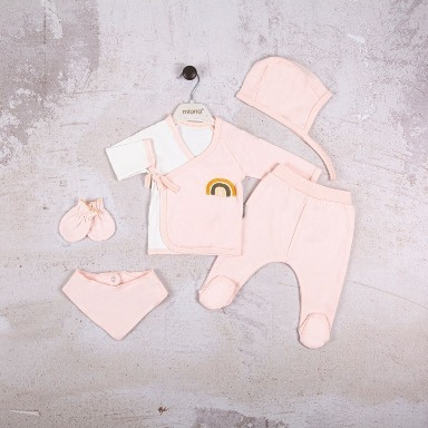 Miona Newborn 5-Piece Rainbow Print Baby Receiving Set – Pink Cotton (0–3 Months)