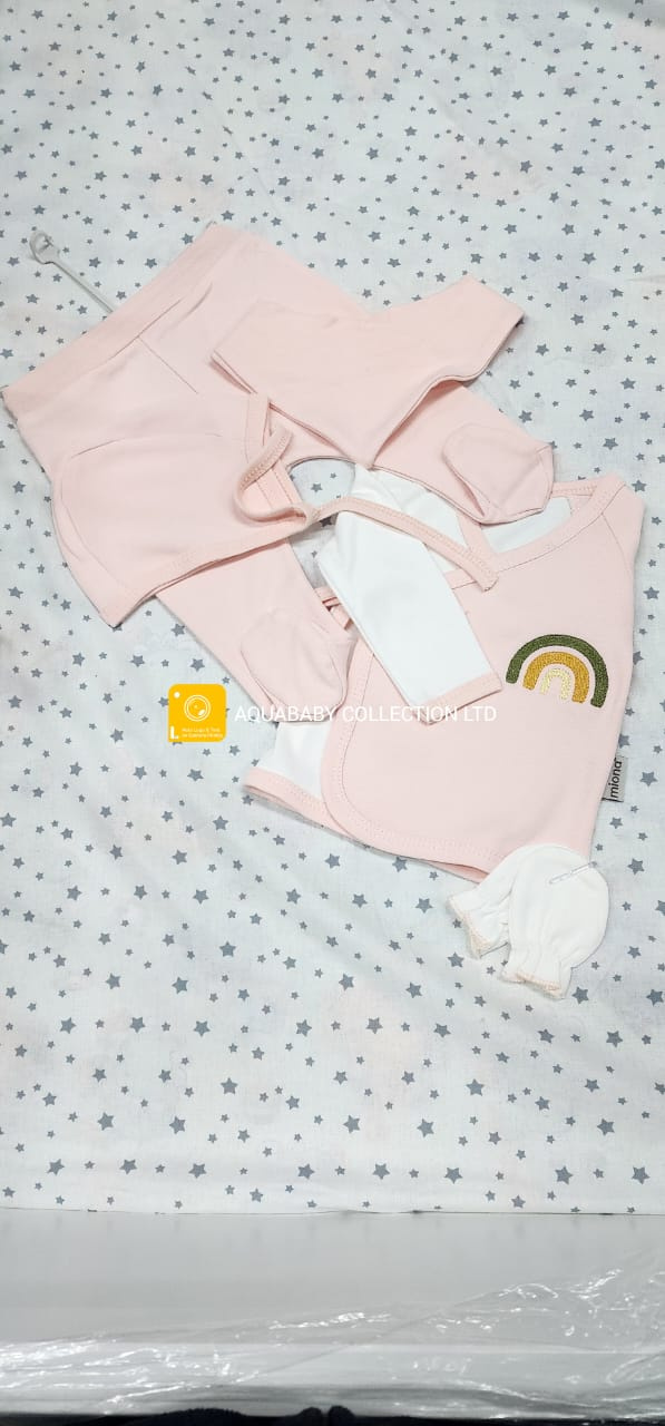 Miona Newborn 5-Piece Rainbow Print Baby Receiving Set – Pink Cotton (0–3 Months)