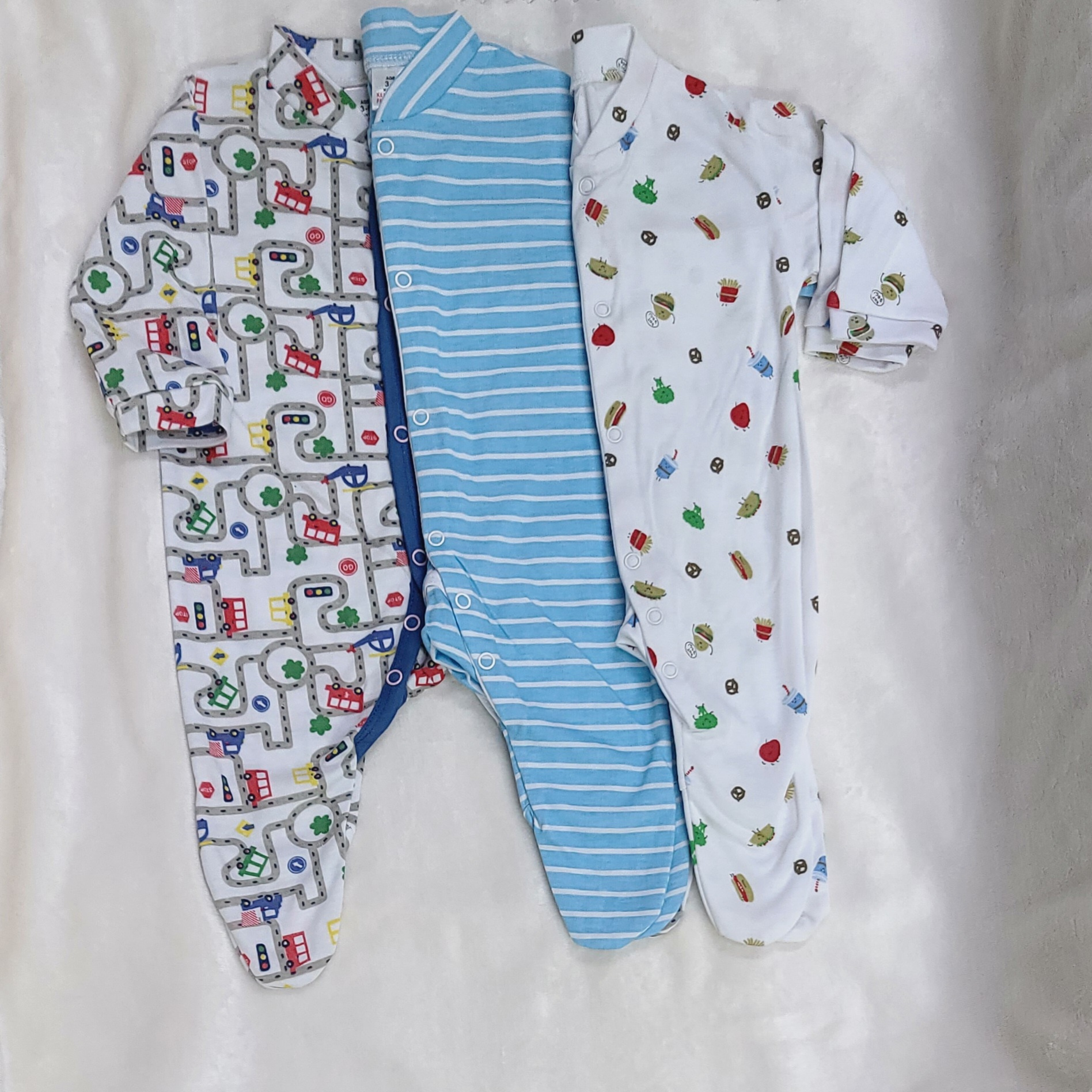 3pcs Baby Sleepsuit Romper Cotton Footed. Available in 0–3M and 3–6M.