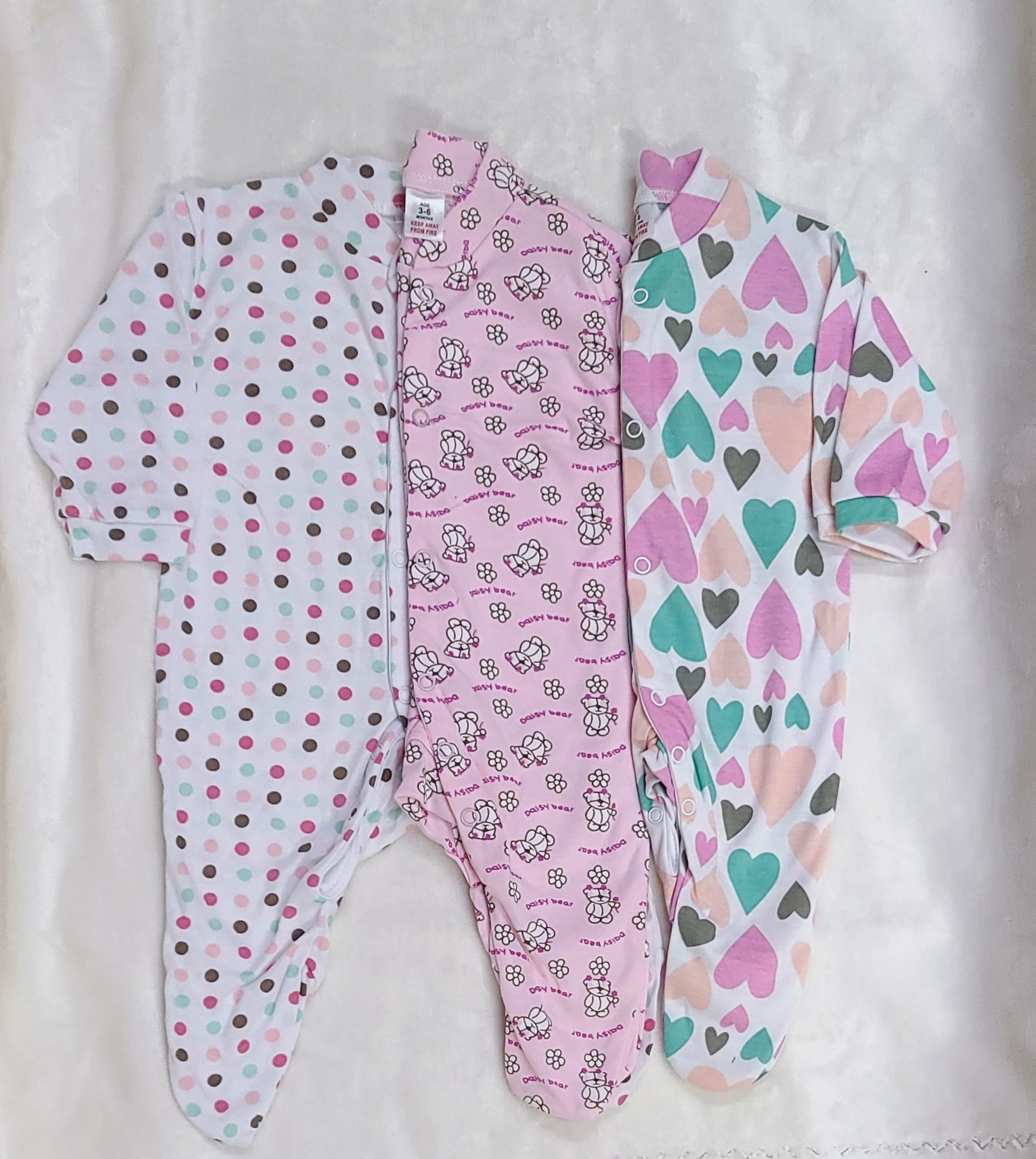 3pcs Baby Sleepsuit Romper Cotton Footed. Available in 0–3M and 3–6M.