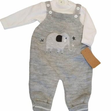 Grey Knitted Elephant Dungaree Baby Set (2-Piece) – 3–6 Months