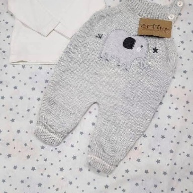Grey Knitted Elephant Dungaree Baby Set (2-Piece) – 3–6 Months