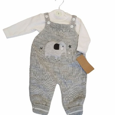 Grey Knitted Elephant Dungaree Baby Set (2-Piece) – 3–6 Months