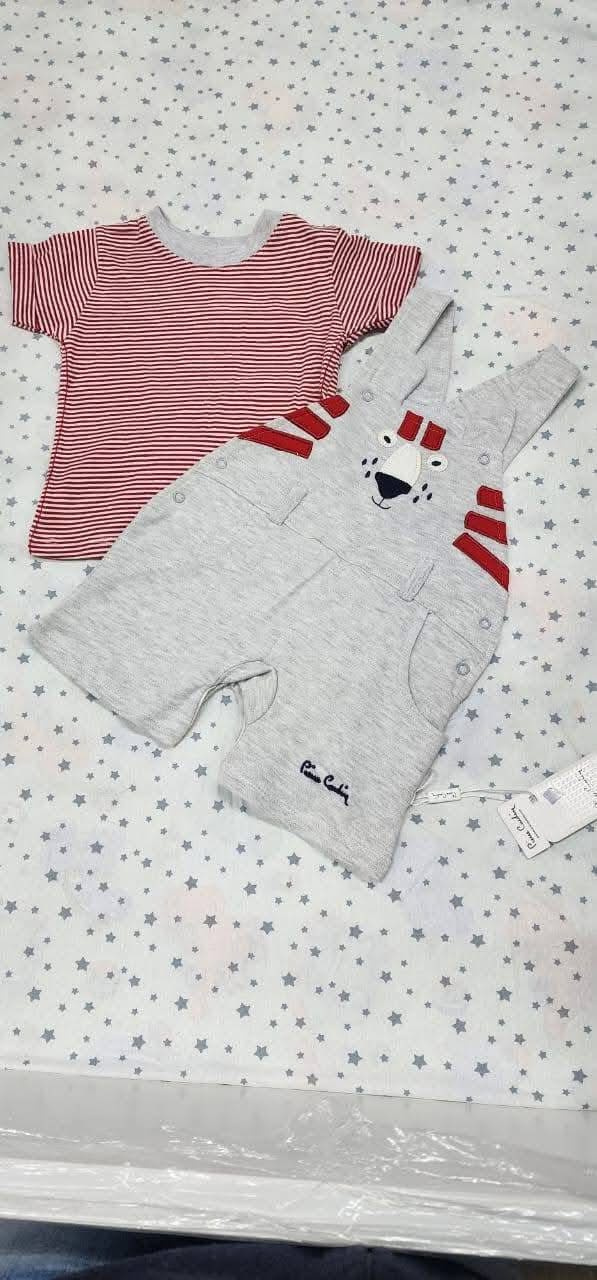 Pierre Cardin Baby Tiger Dungaree Set – Red Striped Tee & Grey Overalls (3–6 Months)