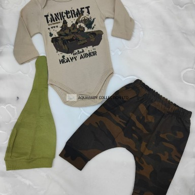 Baby Boy 3-Piece Military Camo Outfit Set – “Tank Craft” Bodysuit, Harem Pants & Hat (3–18 Months)