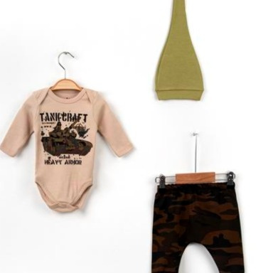Baby Boy 3-Piece Military Camo Outfit Set – “Tank Craft” Bodysuit, Harem Pants & Hat (3–18 Months)