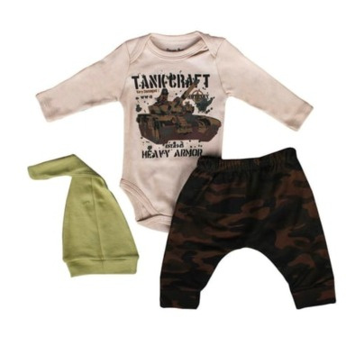 Baby Boy 3-Piece Military Camo Outfit Set – “Tank Craft” Bodysuit, Harem Pants & Hat (3–18 Months)