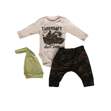 Baby Boy 3-Piece Military Camo Outfit Set – “Tank Craft” Bodysuit, Harem Pants & Hat (3–18 Months)