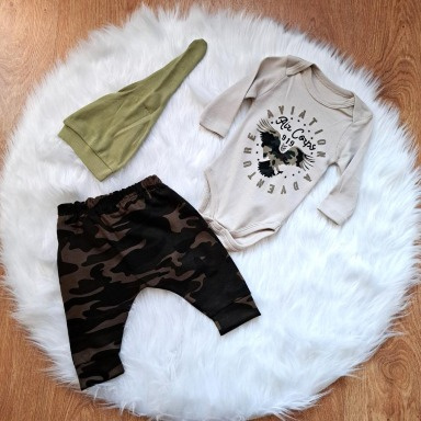 Baby Boy Aviation Camouflage 3-Piece Outfit Set – Long Sleeve Bodysuit, Camo Joggers & Knotted Hat (3–18 Months)