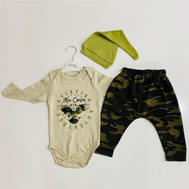 Baby Boy Aviation Camouflage 3-Piece Outfit Set – Long Sleeve Bodysuit, Camo Joggers & Knotted Hat (3–18 Months)