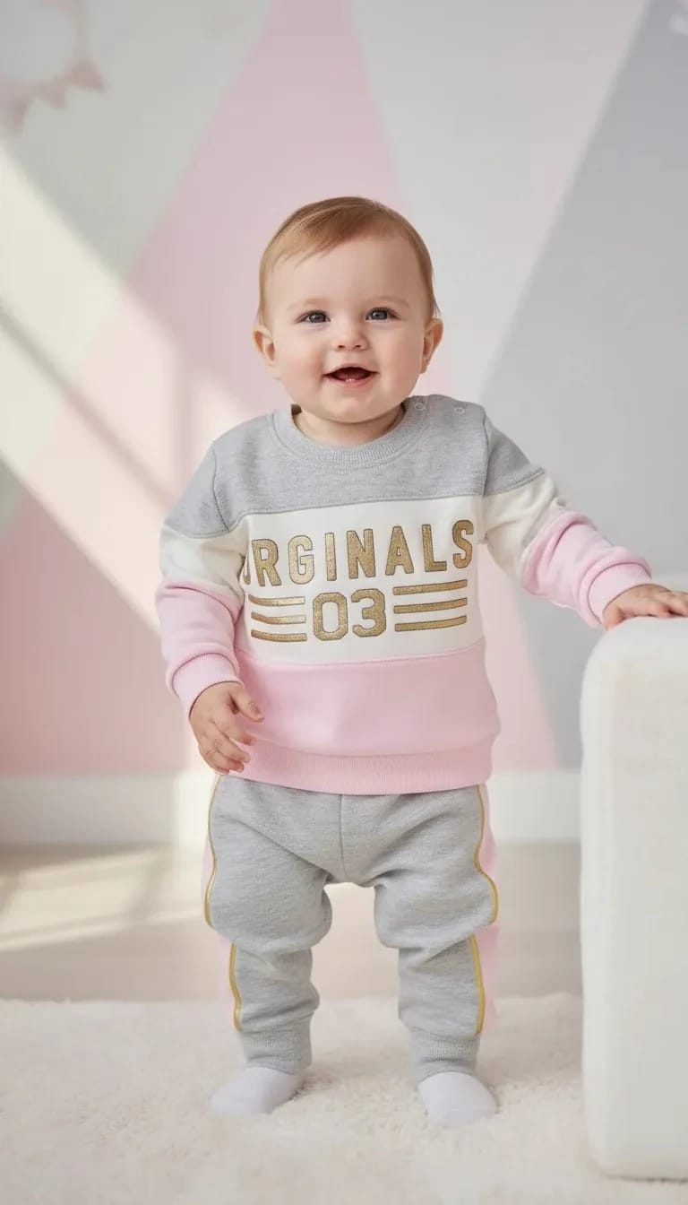 Elçi Baby Originals Baby Girl “Originals 03” Tracksuit Set – 2 Piece Cotton Outfit (Peach/Pink)