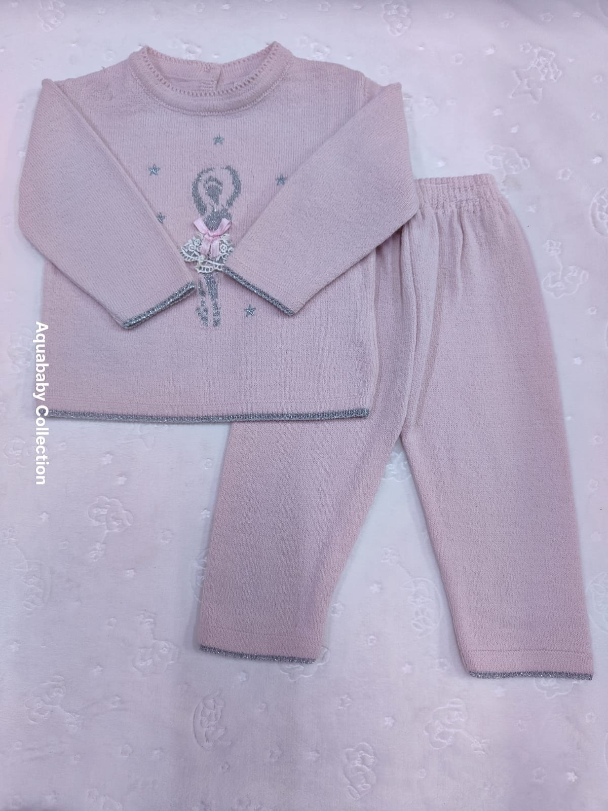 Pink Knitted Baby Girl Two-Piece Outfit with Floral Bow Detail (9–12 Months)