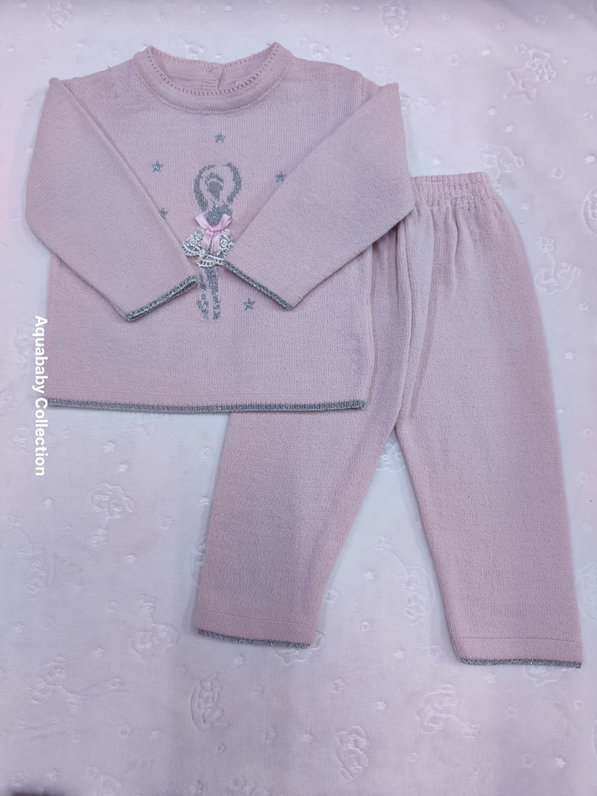 Pink Knitted Baby Girl Two-Piece Outfit with Floral Bow Detail (9–12 Months)