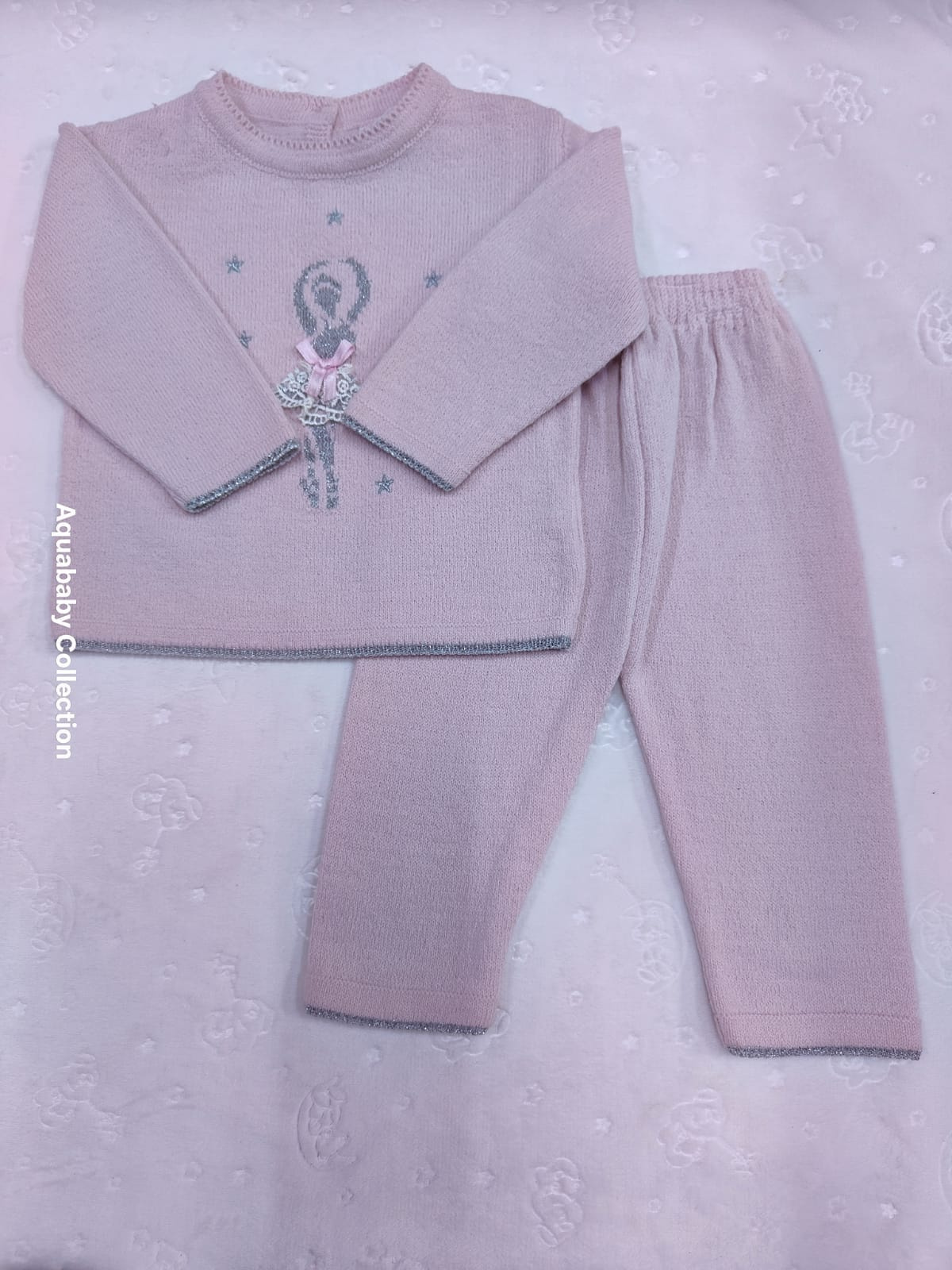 Pink Knitted Baby Girl Two-Piece Outfit with Floral Bow Detail (9–12 Months)