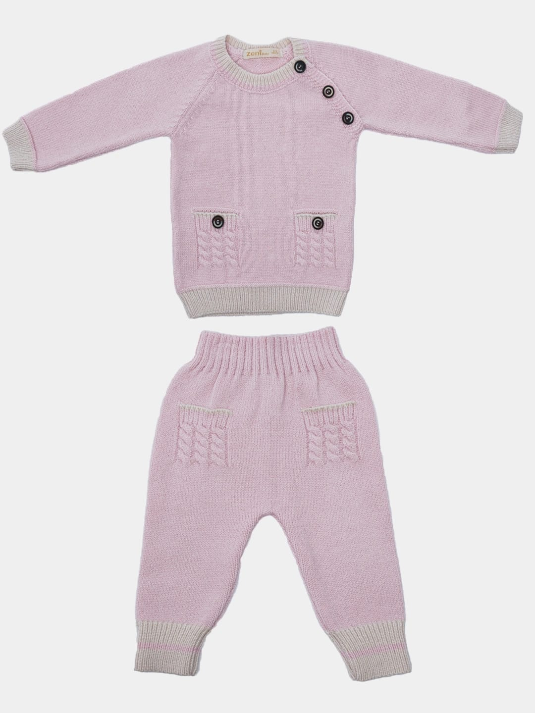 Pink Two-Piece Knit Baby Outfit with Pocket Detail (0–6 Months)