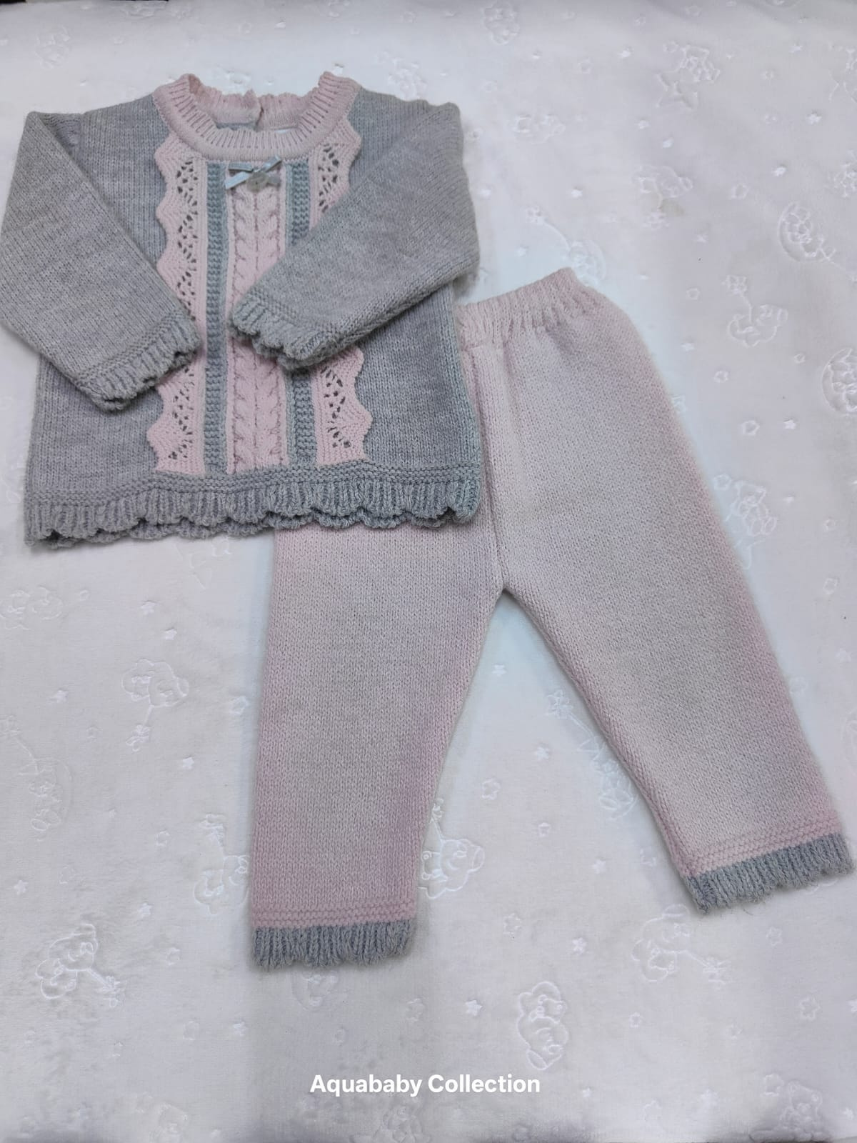 Grey & Pink Knitted Baby Set (2-Piece) – Size 3–6 Months