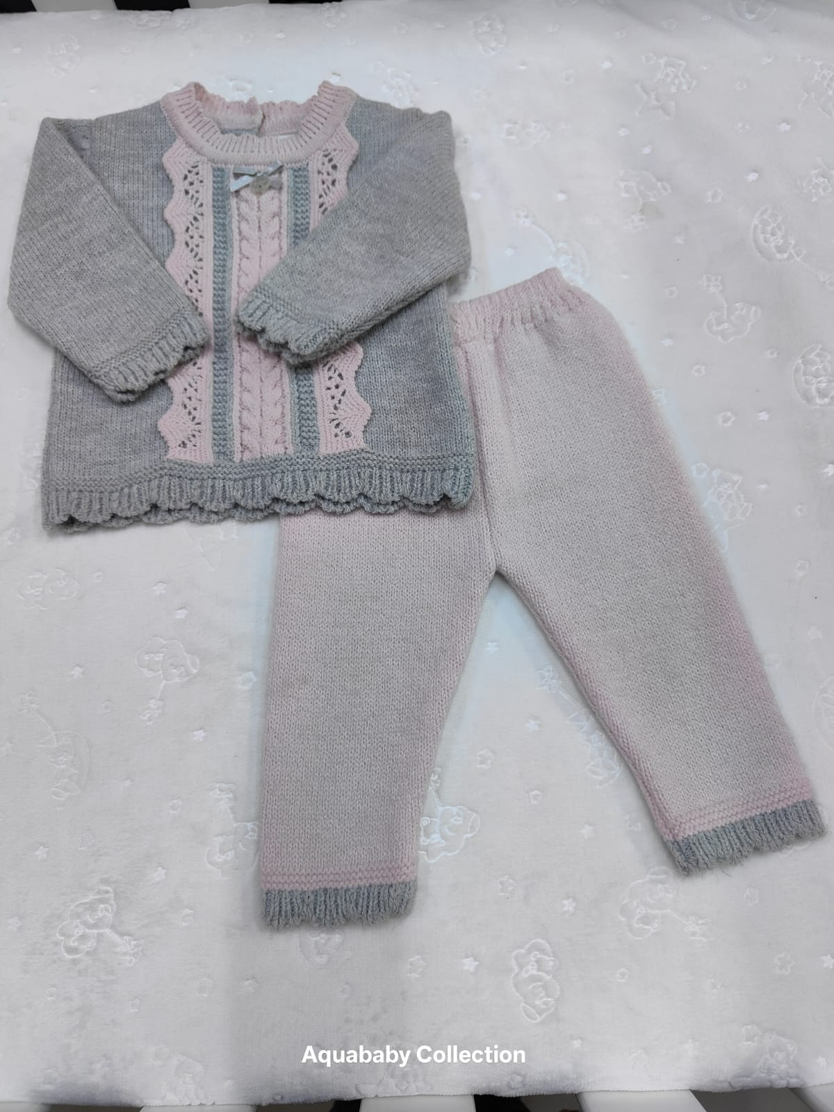Grey & Pink Knitted Baby Set (2-Piece) – Size 3–6 Months