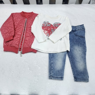 Baby Girl Pink & Red Heart Quilted Jacket with Denim Jeans Set (3–12 Months)
