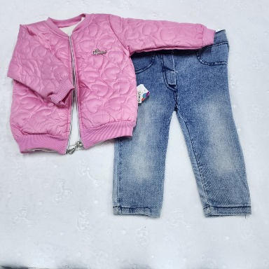 Baby Girl Pink & Red Heart Quilted Jacket with Denim Jeans Set (3–12 Months)