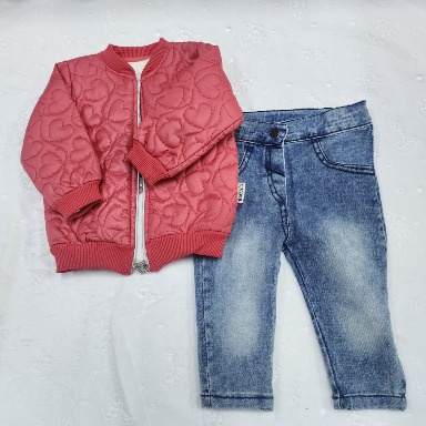 Baby Girl Pink & Red Heart Quilted Jacket with Denim Jeans Set (3–12 Months)